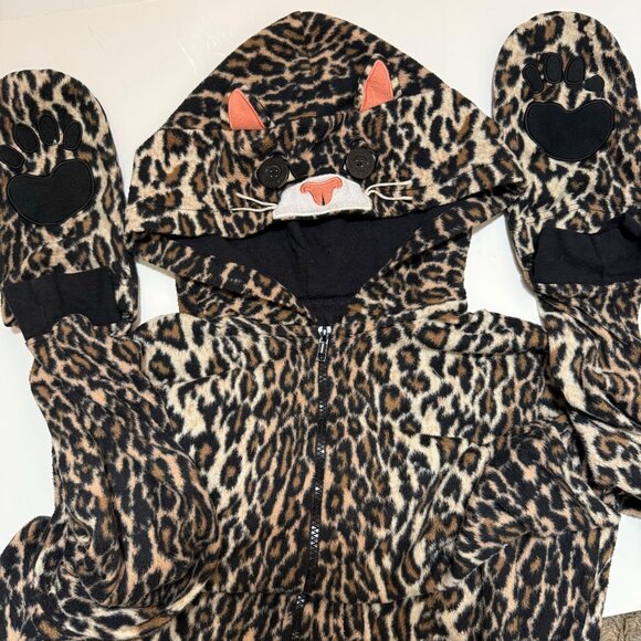 Nick Nora Leopard Print Adult Jumpsuit Pajamas Size L Hood Mittens Loungewear - Picture 12 of 12